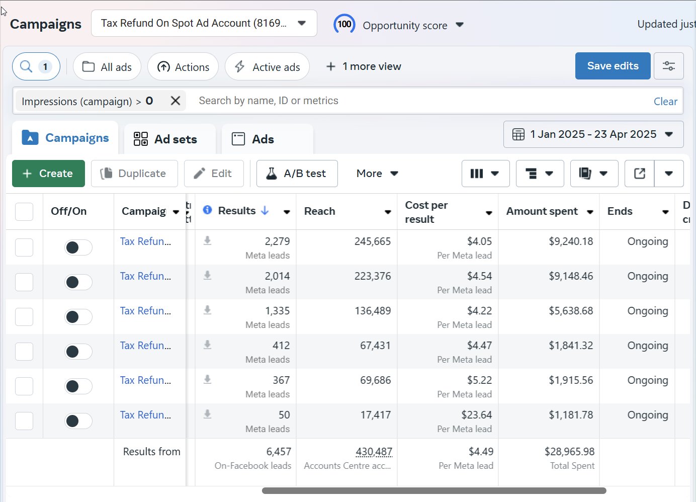 Tax return lead generation: platform report for the stated period